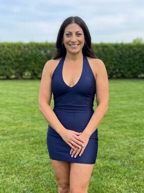 Atria Couture blue body-con halter mini dress deep plunge women’s size L